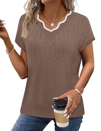 Image of WIHOLL Womens Summer Tops Cap Sleeve Sweater V Neck Shirts Beach Vacation Clothes Business Casual Fashion Clothing