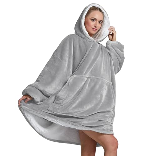 Oversized Wearable Hoodie Blanket Ultra Soft Sherpa Fleece Oodies Reversible Warm & Cozy Giant Hooded Blanket Sweatshirt Large Front Pocket - Gift One Size Fits For All (Solid Color Light Grey)