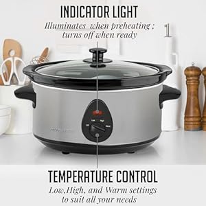 OVENTE Electric Slow Cooker with 3 Cooking Settings, Dishwasher-Safe Stoneware, Tempered Glass Lid and 3.7 Quart Oval Ceramic Pot Perfect for Entrees, Soups, Sauces, Stews and Dips, Silver SLO35ABR OVENTE Electric Slow Cooker with 3 Cooking Settings Dishwasher Safe Stoneware Tempered Glass Lid and 37 Quart Oval Ceramic Pot Perfect for Entrees Soups Sauces Stews and Dips Silver SLO35ABR