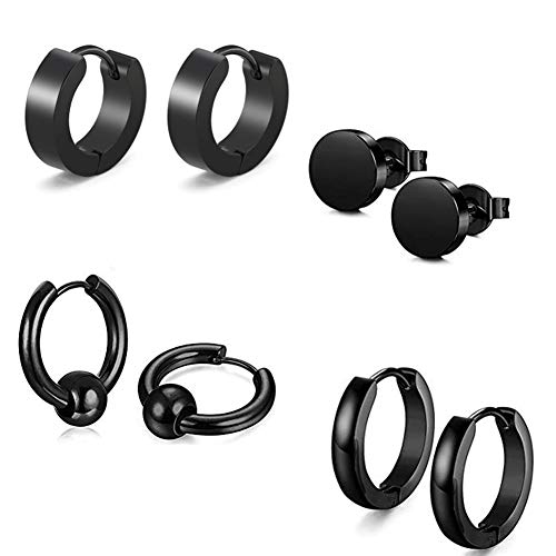 Jaetech House 4 Paar Edelstahl Ohrringe Männer Pierced Ohrstecker Fake Plugs Creolen Tunnel Set für Herren Damen (Schwarz)