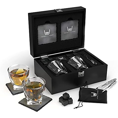 Whiskey Stones Gift Set for Men, Guys, Husband, Fathers Set of 2 10oz Whiskey Rocks Glasses, 8 Granite Chilling Rocks, 2 Slate Coasters, Stylish Durable Black Wooden Gift Box (Twisted) Cover