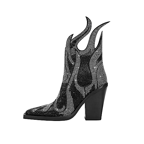 Feinlina Women's Rhinestone Flame Pointed Toe Block Chunky Heeled Boots Fashion Sparkly Cowboy Ankle Booties2