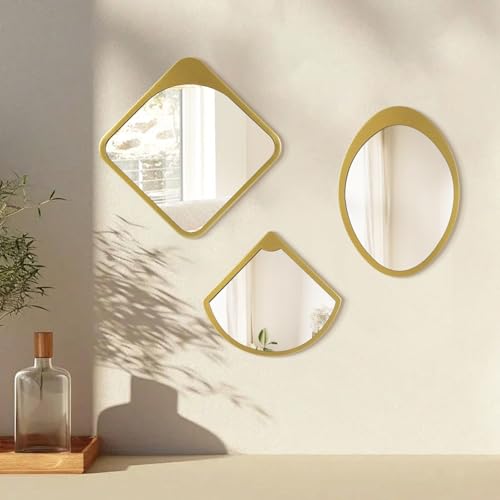 TEIPAI Gold Wall Mirror Living Room Decor, 3PCS Asymmetrical Decorative Mirrors for Modern Home Office Bedroom Decoration, Small Wall-Mounted Hanging Art for Hallway Entryway Staircase