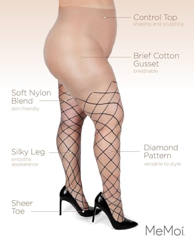 MeMoi Diamond Curvy Plus Size Sheer Tights, Comfortable Compression Control Top Tights for Women - Sizes 1X-7X, Nude-Black, 3X/4X3
