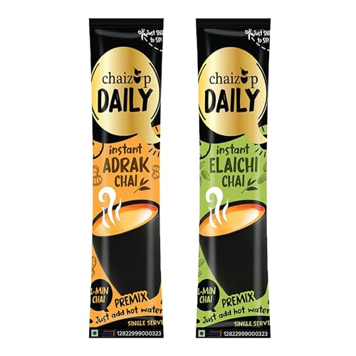 Image of Chaizup Daily 1 Min Instant Assorted Tea Pack - 40 Sachets | Elachi & Adrak Flavours | 40 Servings | 2 Packs (20 Sachets Each) | 280g