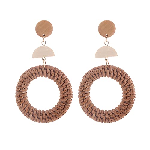 Image of Ladies Handmade Rattan Earring - Tassel A Type Straw Wicker Earrings Bohemian Geometry Earring Circle Pie Shape Earrings