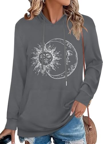 Image of Women's Hoodies Long Sleeve Sweatshirts Drawstring Pullover Tops with Pocket Casual Loose Blouses Tunic, Sun Moon Grey, L