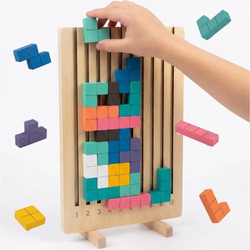 Cateam Montessori Brain Blocks for Kids - Wooden Stacking Puzzle with Numbered Tray 1-10, 42 Pieces in 9 Shapes, 10 Grid Cards with 20 Challenges - Russian Block Brain Teaser STEM Gift Ages 3-6