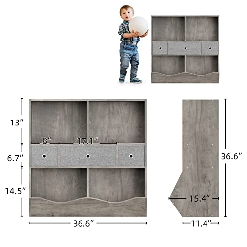 Amyove Kids Bookshelf and Bookcase Toy Storage Multi Shelf with Cubby Organizer Cabinet and Drawers for Boys Girls, for Children's Room, Playroom, Hallway, Kindergarten, School (Grey)