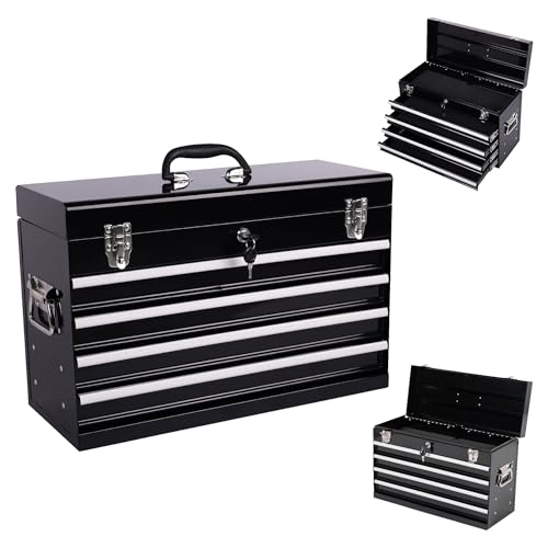 Heavy Duty 21 Inches Metal Tool Box with 4 Drawers - Portable Locking Tool Chest with Ball Bearing Slides, Powder Coated Steel & EVA Liners - Multi-Function Garage & Workshop Organizer (Black)