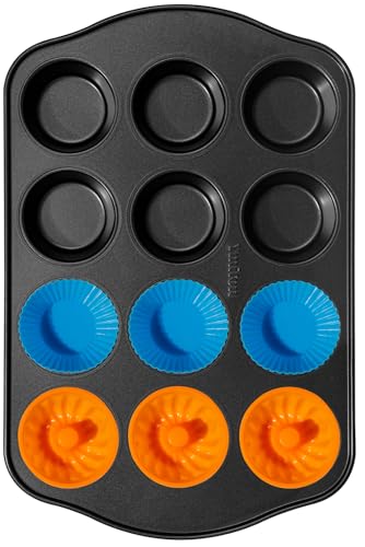 Image of Nonstick Muffin Pan with 12 Silicone Baking Cups, Carbon Steel Muffin Tin for Muffins, Cupcakes, Egg Bites and more, Non Toxic, Easy to Clean, Dishwasher Safe, Foggy Gray