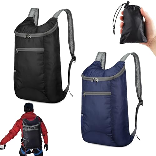 YqsIbth Ultra Lightweight Foldable Backpack, 2 PCS Foldable Small Rucksack, Water Resistant Hiking Daypacks, Travel Daysack Daypack for Camping Hiking Travel Biking(Black & Dark Blue)