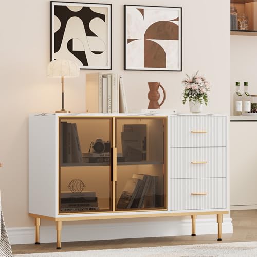 Garvee Buffet Sideboard Cabinet with Storage, 46.4 in Large Fluted Kitchen Sideboard Cabinet with 2 Glass Doors 3 Drawers and Shelves, Faux Marble Top Buffet Table for Dining Room, Living Room, White