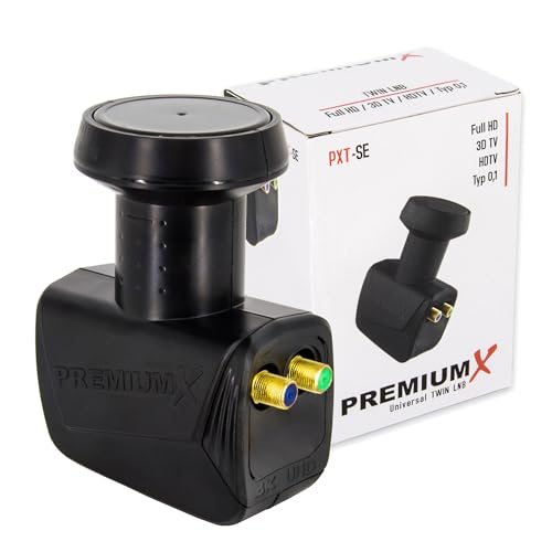 PremiumX Twin LNB para 2 Usuario – Convertidor de Señal de TV con Protección Meteorológica – LNB Satelital Digital en Negro – DVB S2 8K UHD 4K Full HD