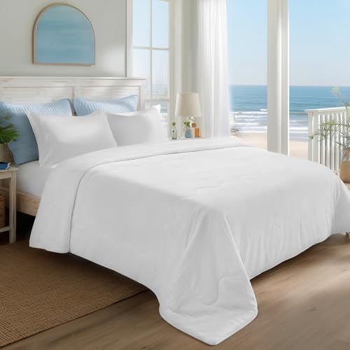 Deconovo Cooling Comforter Queen White, 90"×90" PCM Cool Touch Wave Pattern Blanket for Hot Sleepers, Lightweight Summer Bedding