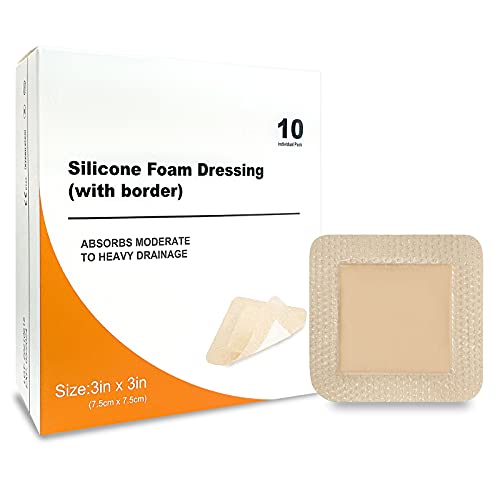 Carbou 10Pcs Silicone Foam Dressing with Border,Waterproof 3"x3" (7.5cmx7.5cm) Adhesive Foam Dressing Foam (1.8"x1.8") Square Wound Dressing,Waterproof Silicone Wound Bandage