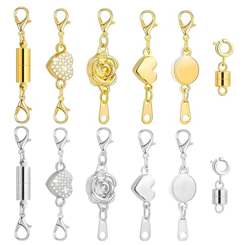 12 Stücke Magnetische Schmuckverschlüsse Magnet Karabinerverschluss für DIY Armband Halskette Schmuck Making für Halsketten Kettenverlängerungen Schmuckzubehör (Silber und Gold)