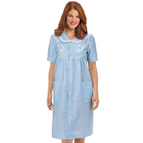 Collections Etc Gingham Robe with Floral Accents, Snap-Front Closure and Lace Trim2