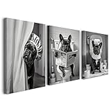 3er Set Wandbild mit Rahmen 30×40 cm – Lustige Schwarzweiß Französische Bulldogge Motive für Wohnzimmer Schlafzimmer Küche Büro Bad – Wanddeko mit Rahmen, inkl. Haken, Nägel & Magischem Klett zur