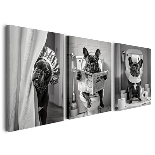 Juego de 3 murales con marco de 30 x 40 cm, divertidos diseños de bulldog francés en blanco y negro para salón, dormitorio, cocina, oficina, baño, decoración de pared con marco, incluye ganchos