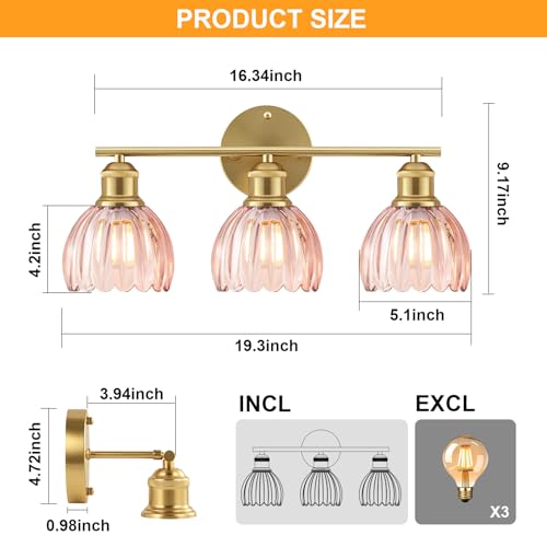 Image of Bathroom Light Fixtures, 3-Light Brushed Gold Vanity Lights for Bathroom with Pink Tulip Glass Shade, 20 inch Vintage Bathroom Vanity Lighting Fixtures Over Mirror for Bedroom Living Room Hallway