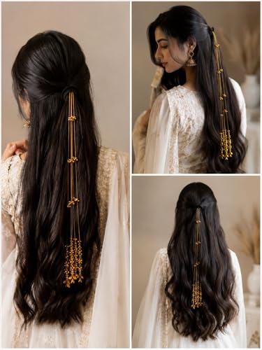 Image of Kashmiri Traditional Ghungroo Parandi Chain Hair Extension Tassel With Tinkling Bell Ghungroo For Women And Girls Handcrafted Hair Jewellery Antique Aesthetic Ethnic Braided Hair Accessory Elegant Designer Paranda for wedding brides