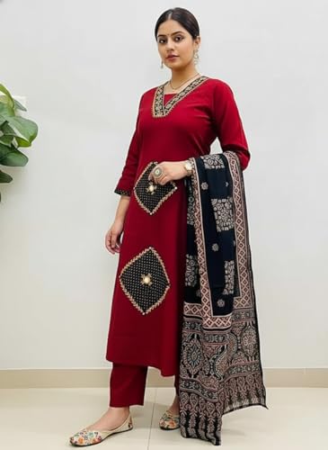Image of BHARVITA Women's Rayon Handwork Embroidered and Printed Straight Kurta with Pant And Dupatta Sets