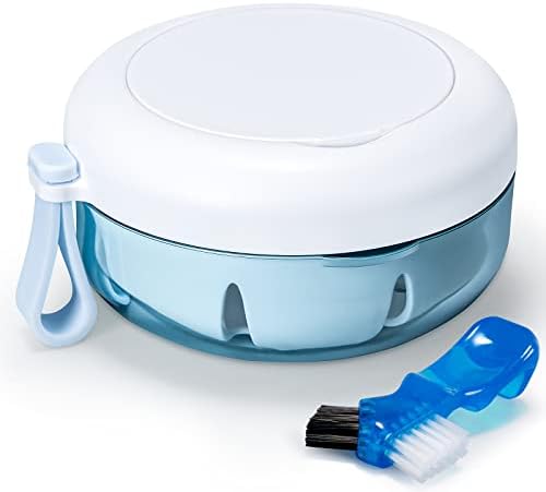 Leak Proof Denture Cup Kit Portable Retainer Case Perfect for Travel, Denture Case Container Cleaning Care for Dentures Aligner Mouth Guard with Denture Brush, Strainer, Removal Tool and Mirror