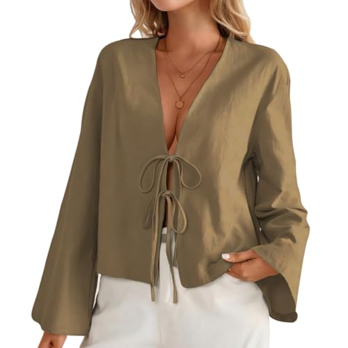 Image of Vilalatfan Tie Front Tops for Women Deep V Neck Elegant Bow Lace Up Shirts Long Sleeve Tie Front Top Femlae Top 2024 Cute Summer Tops Tie Front Blouses for Women