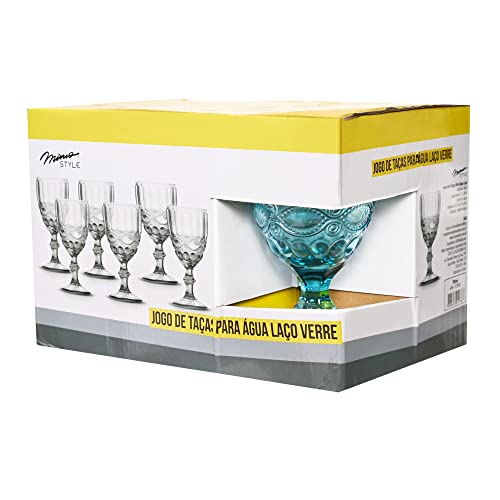 Mimo Style Jogo de 6 Taças de Vidro Azul Tiffany com Capacidade de 320ml com Alto Relevo em Laço Ver