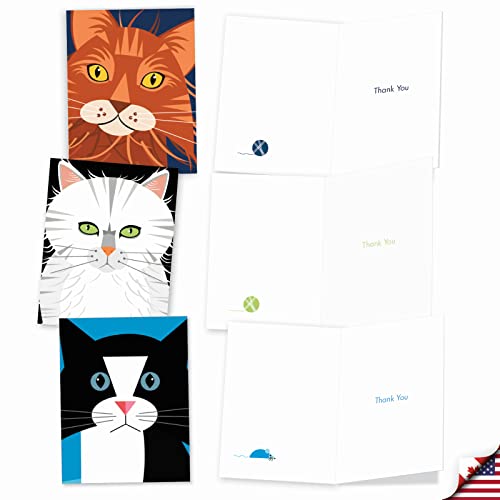 Image of The Best Card Company 10 Assorted Thank You Cat Lovers Notes Bulk Box Set 4 x 5.12 Inch with Envelopes (10 Designs, 1 Each) For Men and Women, Cubic Cats M6730TYG