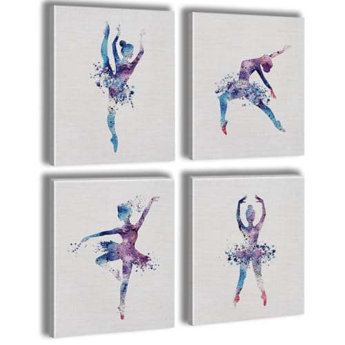 Image of Watercolor Ballet Prints Ballerina Dancer Elegant Dance Gifts for Girls Birthday Canvas Wall Art Dancing Girls Room Decor Women Bedroom Wall Decor Colorful Classroom Posters,4PCS,Framed,8x10IN