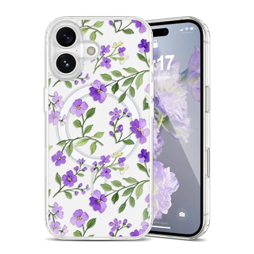 Coque iPhone 16 Plus MagSafe transparente antichoc étui rigide fleurs violettes pour femme