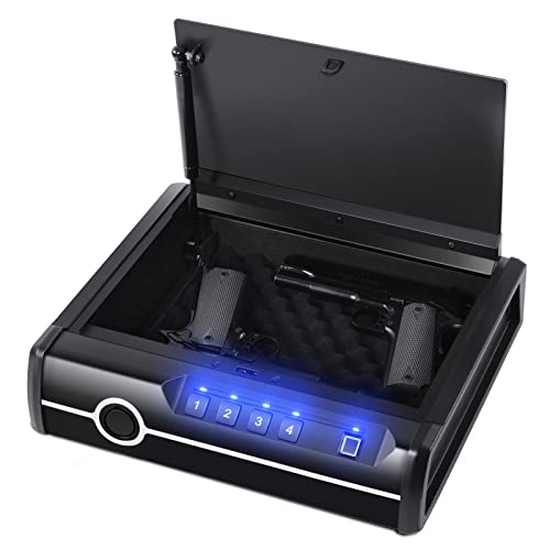 Dalmbox Biometric Gun Safe for Pistols, Quick Access California DOJ Certified Pistol Safe, Fingerprint Handgun Safe Next to Bed, Auto Open Lid Smart Pistol Safe with Keypad for Home, Bedside, Car