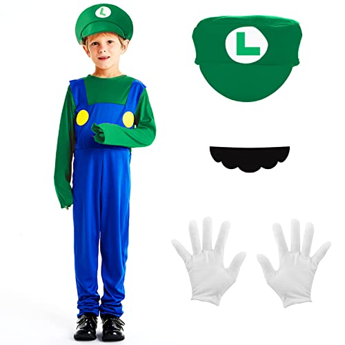 Déguisement de Super Mario Bros incluant une combinaison, des moustaches et une casquette, parfait pour carnaval, Halloween, cosplay, unisexe, enfants/adultes Cover