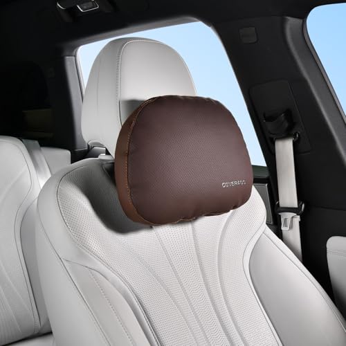 Image of Coverado Leather Car Headrest Pillow Car Neck Pillow with Adjustable Strap, Head Support Rest Driver Relax Head Muscles Relieve Driving Fatigue, Breathable & Removable Cover, Coffee