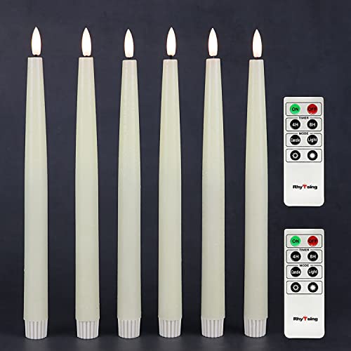 Image of Rhytsing 11.4 inch Flameless Taper Candles with Timer Function, Battery Operated Dinner Tall Candlestick Rustic Wax, Warm White LED, 2 Remotes Included - Set of 6 (Ivory)