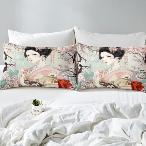 Homemissing Kids Japanese Geisha Girl Bedding Set Double Size Boys Girls Cherry Blossoms Comforter Cover Set Japanese Style Duvet Cover Japanese Tradition Aesthetic Bedspread Cover (No Comforter) - Image 4