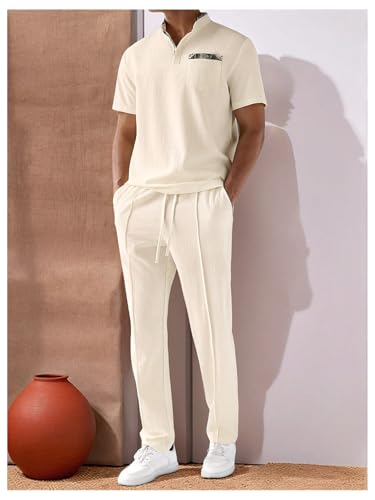 Men's 2 Piece Outfits Button Up Banded Collar Shirts and Drawstring Waist Pants Clothing Set2