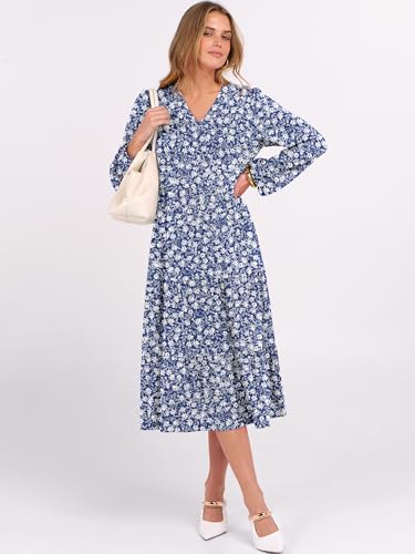 Image of ANRABESS Women's Long Lantern Sleeve Floral Midi Dresses 2026 Fall V Neck Casual Flowy A-line Tiered Boho Vacation Dress