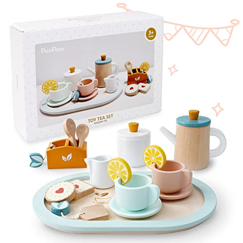 image for PairPear Wooden Tea Set for Little Girls, Wooden Toys Toddler Tea Set 