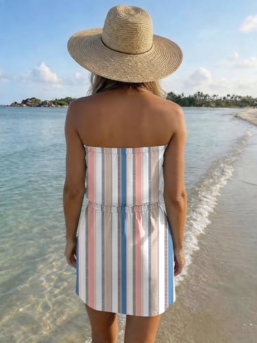 Image of Summer Dress for Women Strapless Beach Cover Ups Boho Sundress Mini Dress Drawstring Waist with Pockets