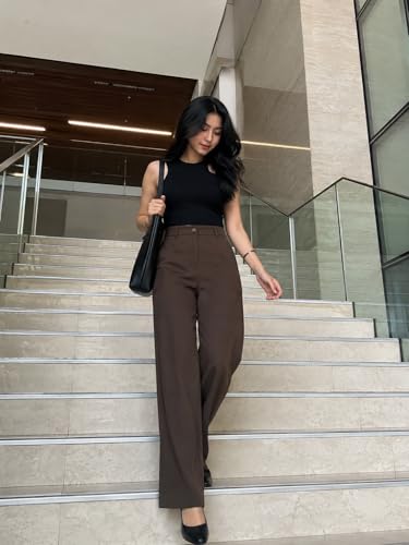 Image of Korean Pants for Woman | High Waist Wide Leg Trouser | Formal Office Casual Wear | Zero See-Through Semi-Stretchable Fabric