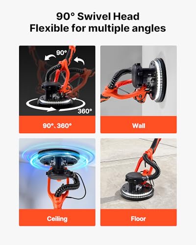 Image of VEVOR Drywall Sander, 1150W Electric Drywall Sander, Popcorn Ceiling Removal Tool with Vacuum Dust Collection, 5 Variable Speed 800-1700 RPM, LED Light, Foldable & Extendable Handle, 15 Sanding Discs
