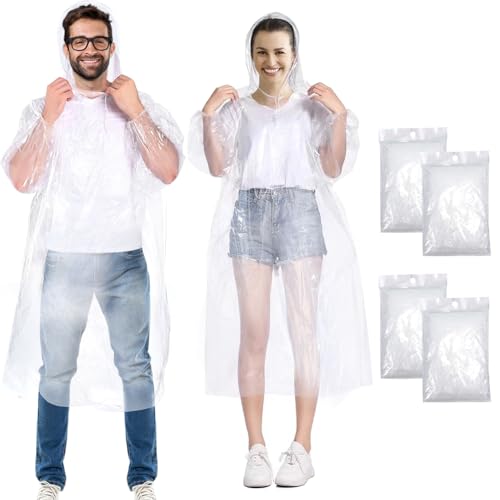 Henrycares Waterproof Rain Ponchos Adult, 6/10pcs Disposable Clear Raincoats for Women and Men Emergency, 150cm with Hood and Sleeves Family Pack, for Outdoor Concert, Theme Park, Camping, Hiking