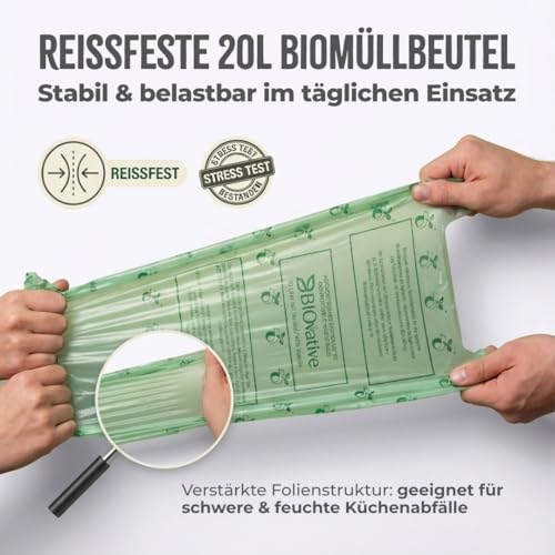 BIOvative PRODUCTS 20L Biomüllbeutel mit Henkel | 56 Müllbeutel, kompostierbar, Made in Germany | Reißfeste Bio-Abfallbeutel, klimaneutralisiert & vegan