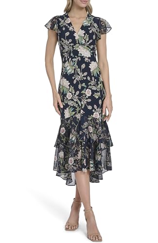 Image of Tommy Hilfiger Women's Flutter Sleeve V-Neck Ruffle Trim Hi-Lo Midi Dress