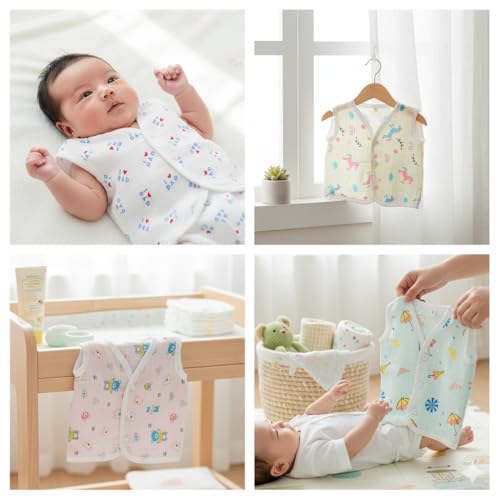 Image of 5 pcs Muslin Cotton Button Jabla, Stylish &Comfortable Jabla, Sleeveless Regular Fit Vest, Baby Products, Newborn baby White Jabla, New Born Baby Clothes Rendom Print
