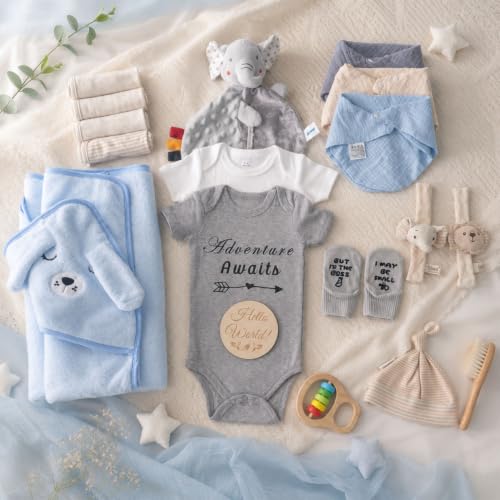 Image of 30-Piece Baby Shower Gifts for Boys, Newborn Essentials Must Haves,Large Baby Boy Gift Basket Set Essential Stuff,Gender Reveal Gifts,Rattle Swaddle,Blue,Baby Registry Search,Diaper Caddy Organizer