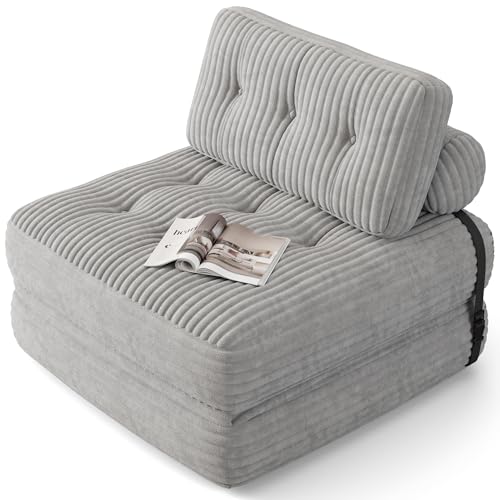 Xbro Sofá Cama Plegable con Respaldo Reclinable, Sillón Convertible en Cama 2 en 1 Portátil para Espacios Pequeños, Tela de Pana con Relleno de Espuma, 190 x 85 cm Desplegado (Gris Claro)